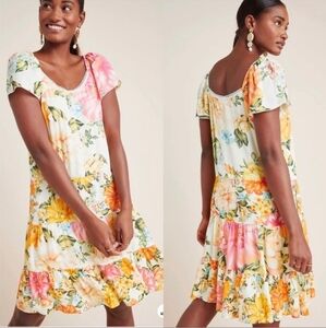 Farm Rio Anthropologie Culebra Tiered Floral Print Short Sleeve Dress
